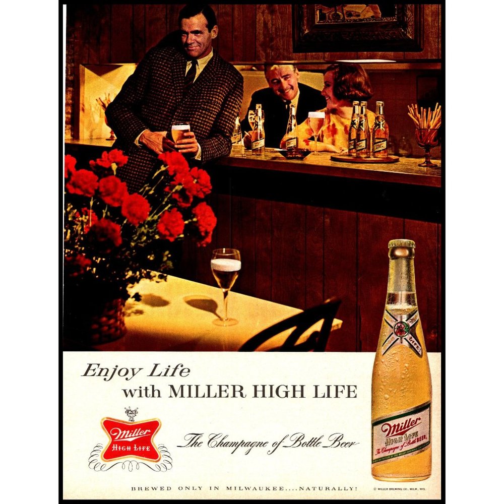 1963 Miller High Life Vintage Print Ad Bar Counter Wood Grain Paneling Wall Art